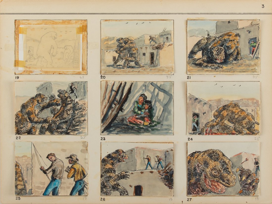 Willis O'Brien Storyboard Panels #19-36 for The: Willis O'Brien Storyboard Panels #19-36 for The Last of the Oso Si-Papu (1950). Eighteen original hand painted storyboards accomplished in pencil, pen, and gouache on 5.25" x 4" paper leaves tipped, n