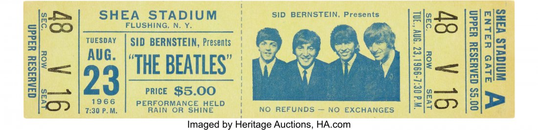 The Beatles Shea Stadium Unused Concert Ticket (: The Beatles Shea Stadium Unused Concert Ticket (August 23rd,1966). An unused ticket for their August 23, 1966, show in New York, one of their last before retiring from live performances to focus exclu