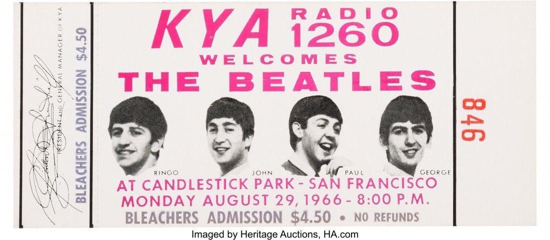 The Beatles Candlestick Park Unused Bleachers Ad: The Beatles Candlestick Park Unused Bleachers Admission Concert Ticket (1966). An unused concert ticket for what became the final time the Beatles played to a paying audience on Monday, August 29, 196