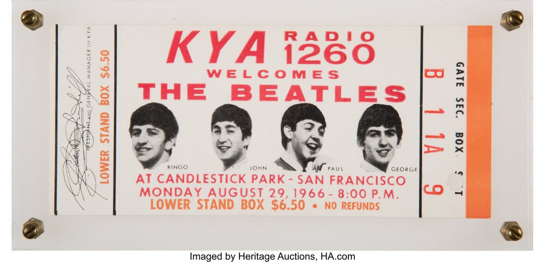 The Beatles Final U.S.A. Concert Candlestick Par: The Beatles Final U.S.A. Concert Candlestick Park Unused Ticket (1966). Presented here is an original full ticket for the group's August 29, 1966 show at Candlestick Park in San Francisco, CA. Althoug