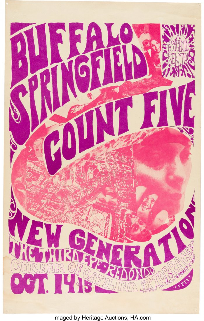 Buffalo Springfield 1966 Redondo Beach, CA Conce: Buffalo Springfield 1966 Redondo Beach, CA Concert Poster. An original and homegrown psychedelic concert poster for Neil Young, Stephen Stills and the Buffalo Springfield performing in the Los Angeles