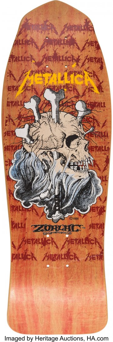 Metallica Unused Zorlac Skateboard Deck (1988).: Metallica Unused Zorlac Skateboard Deck (1988). An unused Zorlac skateboard deck featuring artwork from Brian "Pushead" Schroeder and the Metallica logo. (This lot has the deck only and does not conta