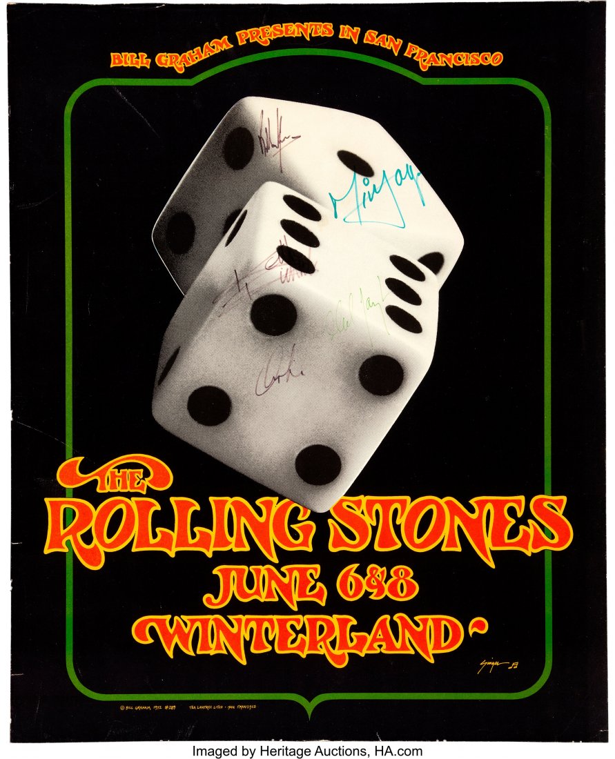 BG-289-OP-1 The Rolling Stones Signed 1972 Winte: BG-289-OP-1 The Rolling Stones Signed 1972 Winterland Concerts Poster. Here's an incredibly rare poster (a first printing of the BG-289 poster, featuring the artwork of David Singer), signed in its ce