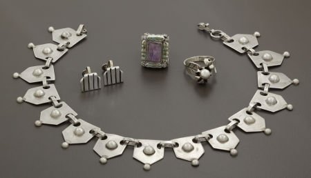 A GROUP OF MEXICAN SILVER JEWELRY Maker unidenti: A GROUP OF MEXICAN SILVER JEWELRY Maker unidentified, circa 1950 Marks: JC, 980, TAXC