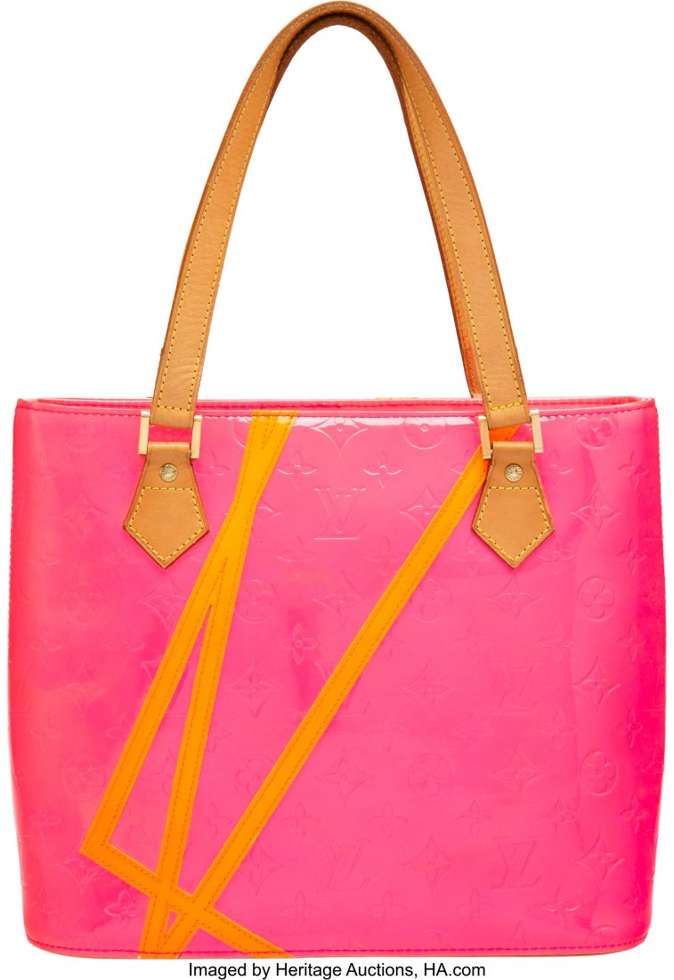 Louis Vuitton x Robert Wilson Limited Edition Pi: Louis Vuitton x Robert Wilson Limited Edition Pink Fluo Monogram Vernis Leather Houston Bag Condition: 3 12" Width x 10" Height x 5.5" Depth This bag is done in pink fluo monogram vernis leather and b