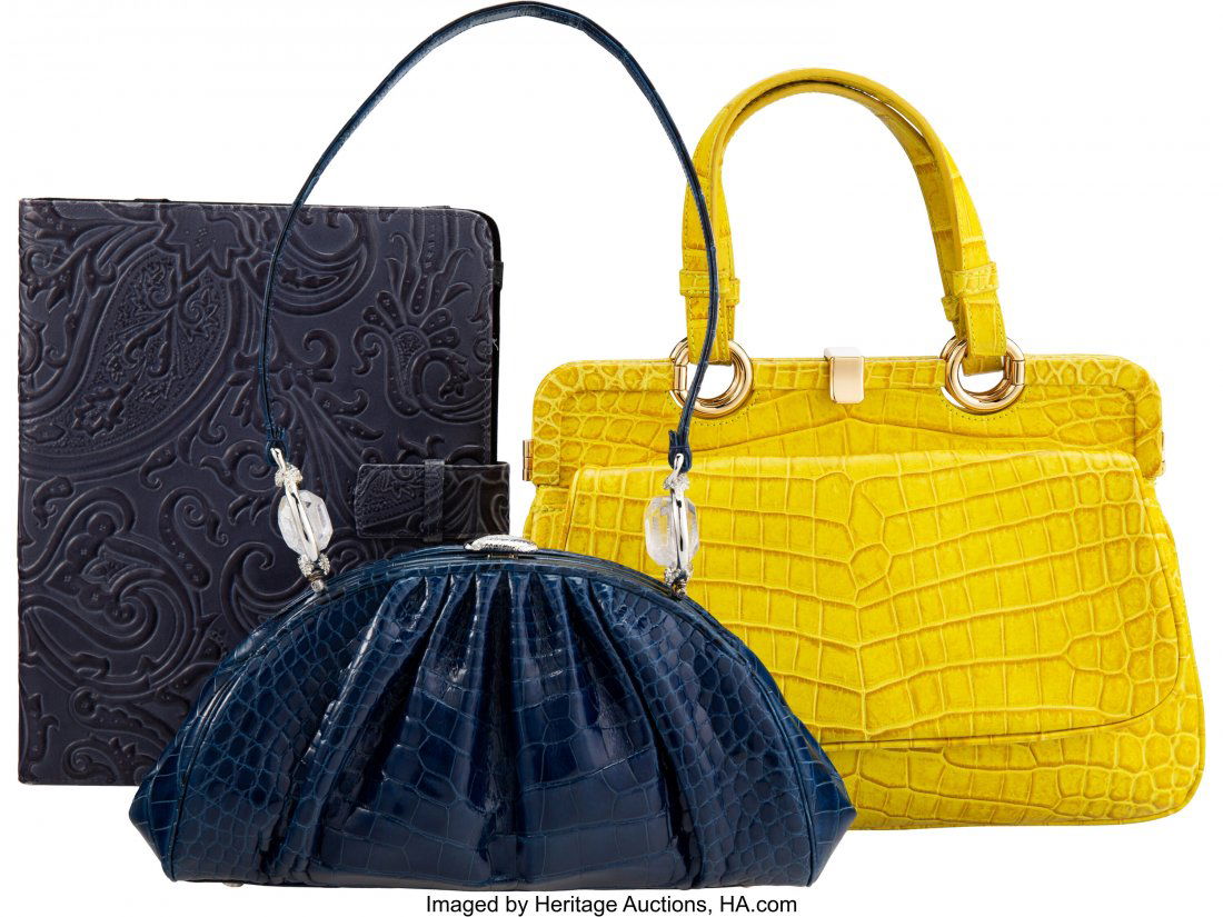 Judith Leiber, Bottega Veneta, and Etro Set of T: Judith Leiber, Bottega Veneta, and Etro Set of Three: Top Handle Bags and iPad Case Condition: 4 See Extended Condition Report for Sizes. This set includes: Judith Leiber Navy Crocodile & Crystal