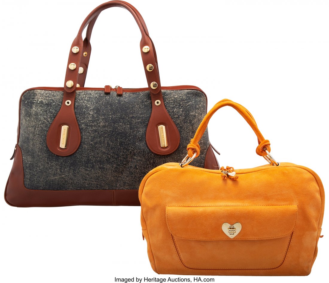 Versace and Escada Set of Two: Shoulder and Top: Versace and Escada Set of Two: Shoulder and Top Handle Bags Condition: 4 See Extended Condition Report for Sizes. This set includes: Versace Brown & Black Leather Shoulder Bag (18" Width x 10" Hei