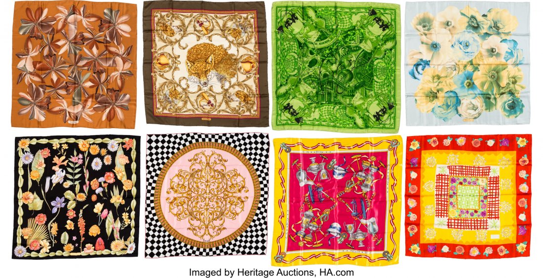 Salvadore Ferragamo, Escada, & Lacroix Set of Ei: Salvadore Ferragamo, Escada, & Lacroix Set of Eight: Assorted Scarves Condition: 3 See Extended Condition Report for Sizes. This set includes: Salvadore Ferragamo Green & Gold Silk Fox Scarf (