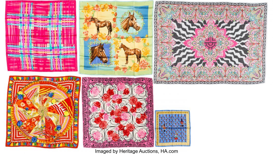 Versace, Escada, and Féraud Set of Six: Assorte: Versace, Escada, and Féraud Set of Six: Assorted Scarves Condition: 2 See Extended Condition Report for Sizes. This set includes: Versace Blue & Gold Silk Pocket Scarf (17.5" Width x 17.5"