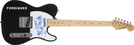 Foreigner Band-Signed Guitar.: Foreigner Band-Signed Guitar. A black New York Pro electric with band logo on the body, s