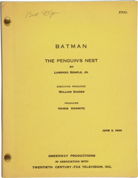 Batman "The Penguin's Nest" Script.: Batman "The Penguin's Nest" Script. Final blue script with yel
