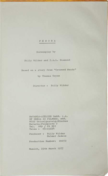 Billy Wilder Fedora Annotated Script.: Billy Wilder Fedora Annotated Script. An unspe