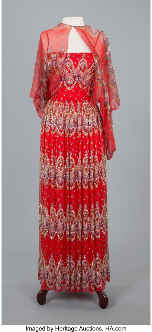 A Norman Norell Red Printed Chiffon Sequined Gow (1 of 3)