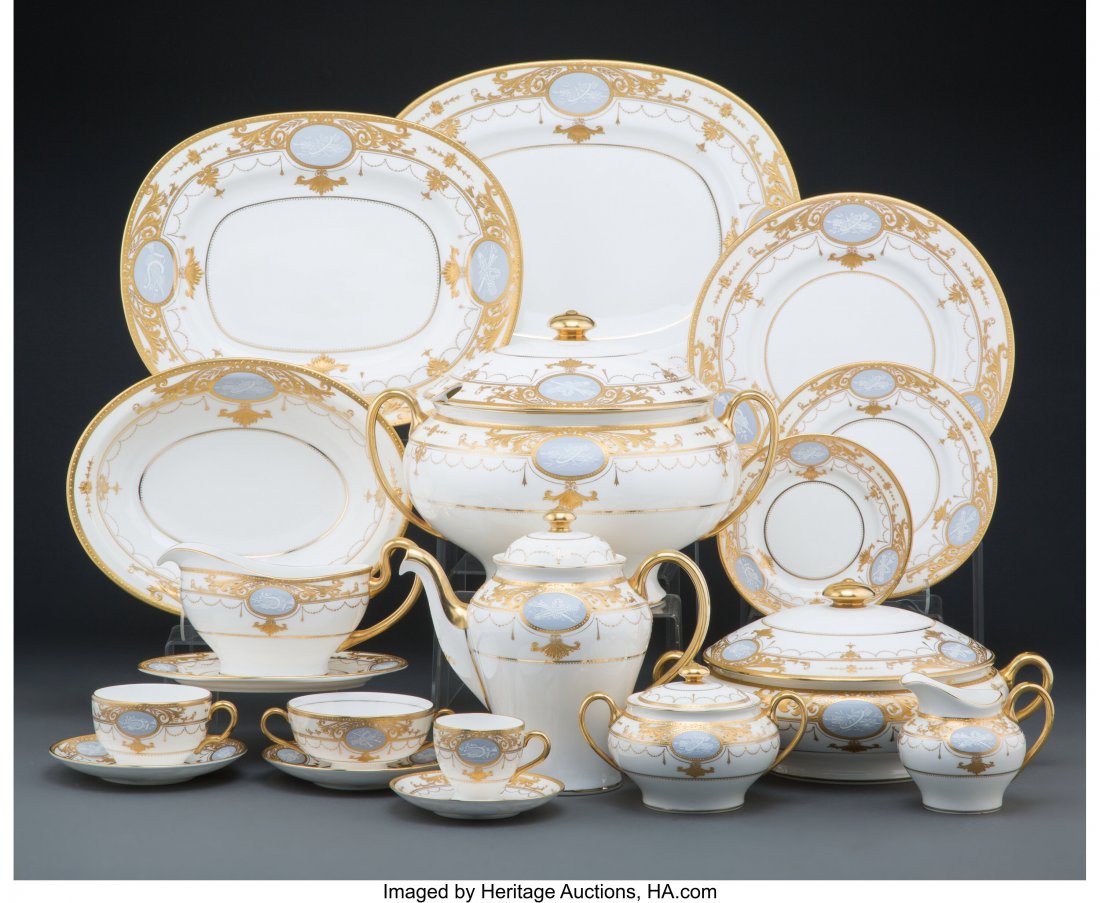 A One Hundred and Twenty-Three-Piece Minton Part: A One Hundred and Twenty-Three-Piece Minton Partial Gilt A One Hundred and Twenty-Three-Piece Minton Partial Gilt Pâte-sur-Pâte Porcelain Dinner Service for Twelve, second half of the 20th century M