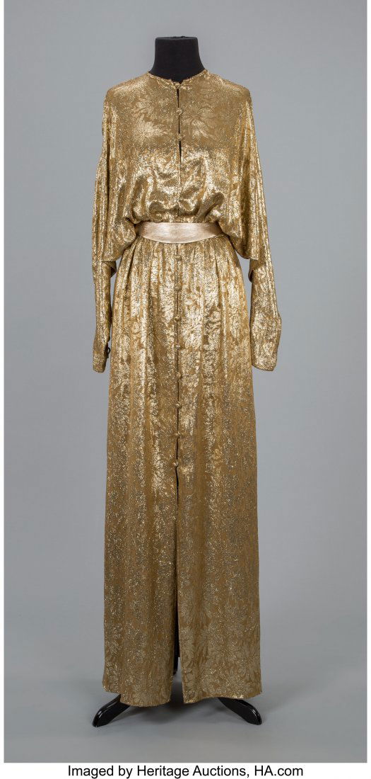 A Bill Blass Gold Long-Sleeved Gown Size: 4-6: A Bill Blass Gold Long-Sleeved Gown Size: 4-6 IMPORTANT NOTE: All of the clothing, shoes, handbags, hats, and jewelry lots in this auction will be sold AS IS. Please know that these items have been wo