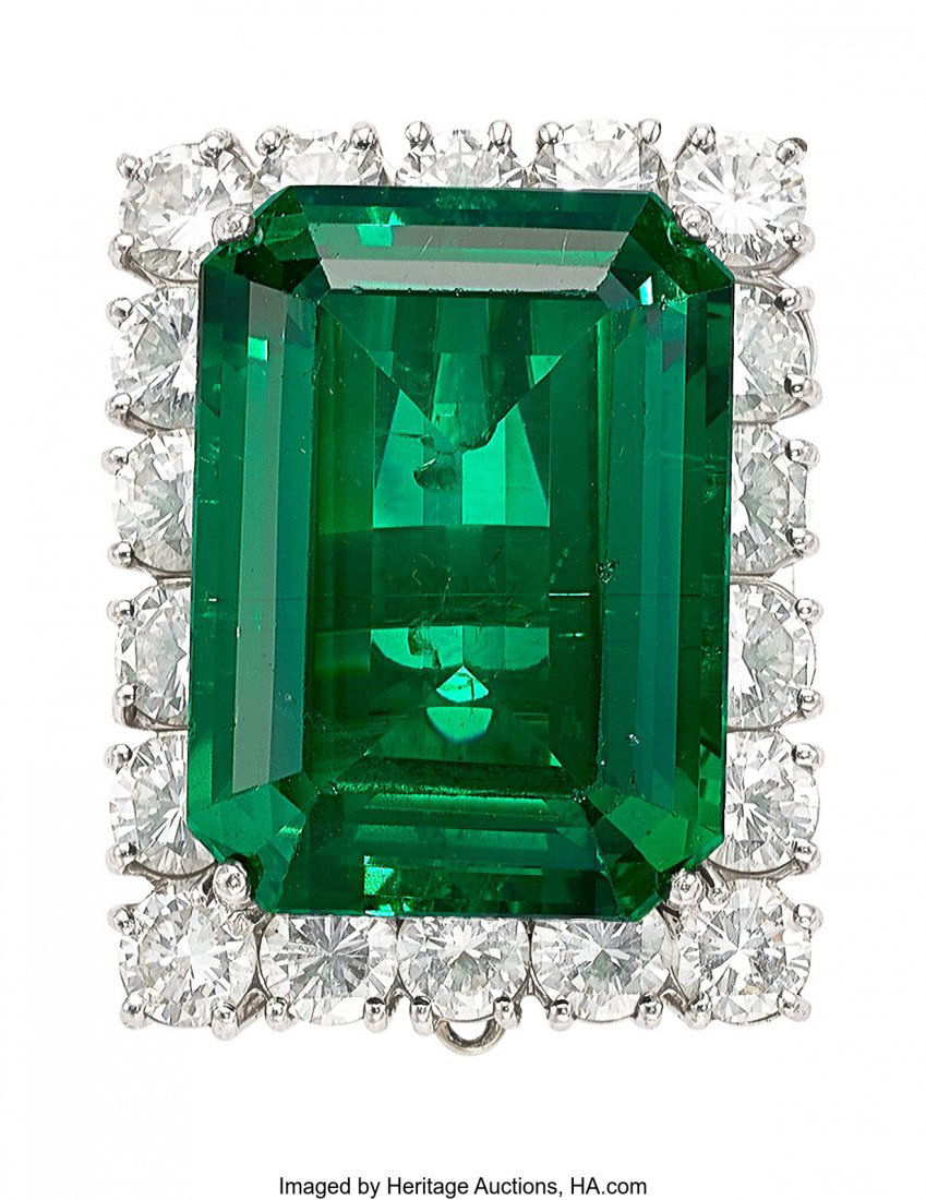 A Synthetic Emerald, Diamond, and Platinum Ring- (1 of 3)