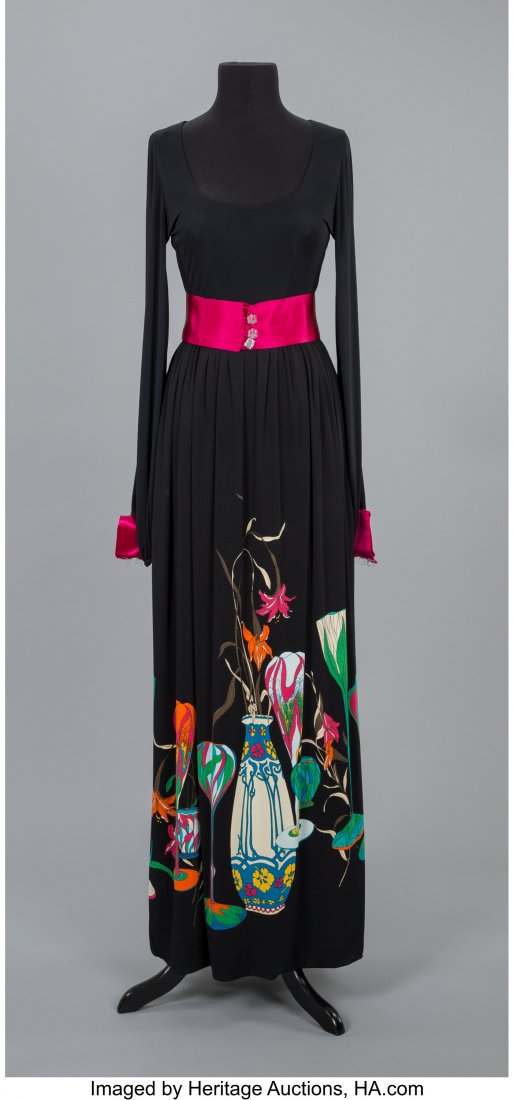 A Ronald Amey Floral Gown with Belt Size: 4-6: A Ronald Amey Floral Gown with Belt Size: 4-6 IMPORTANT NOTE: All of the clothing, shoes, handbags, hats, and jewelry lots in this auction will be sold AS IS. Please know that these items have been wo