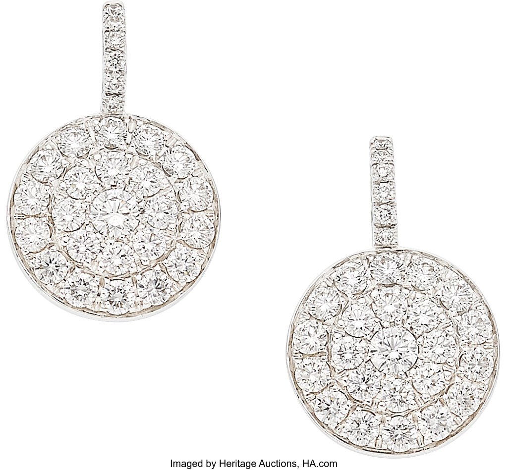 Crivelli Diamond, White Gold Earrings Stones: F: Crivelli Diamond, White Gold Earrings Stones: Full-cut diamonds weighing a total of 3.82 carats Metal: 18k white gold Marked: Crivelli Gross Weight: 5.60 grams Dimensions: 15/16 inch x 5/8 inch *Note: