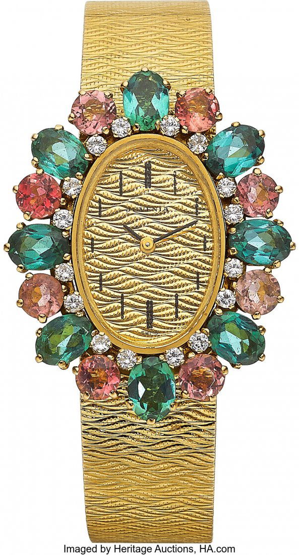 Juvenia Diamond, Tourmaline, Gold Watch, French (1 of 1)