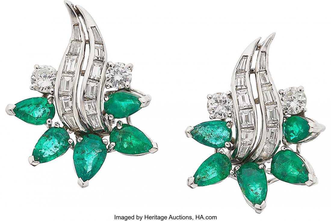 Diamond, Emerald, Platinum Earrings  Stones: Ful (1 of 1)