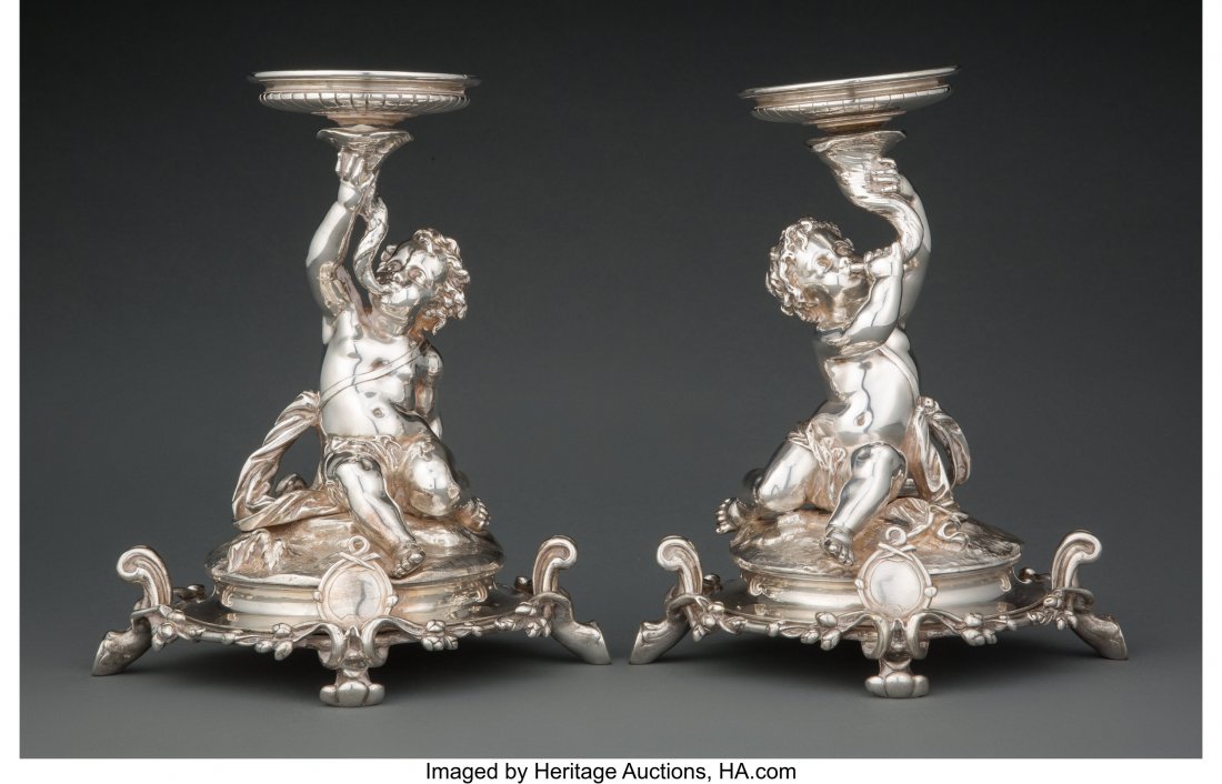 A Pair of Christofle Silver-Plated Figural Cente: A Pair of Christofle Silver-Plated Figural Centerpieces, Paris, mid-19th century Marks: CHRISTOFLE, (various) 9 x 7-1/2 inches (22.9 x 19.1 cm) (each) The centerpieces monogrammed S. HID03101062020 &c