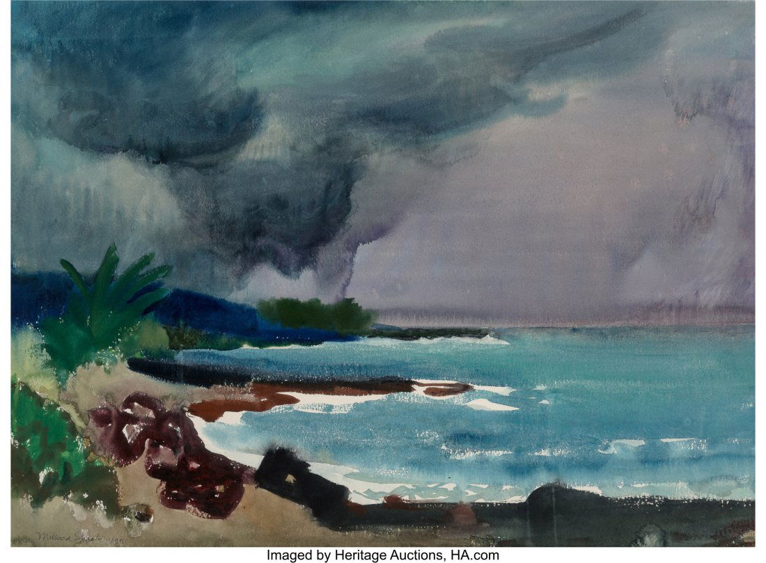 Millard Sheets (American, 1907-1989) Coming Rain: Millard Sheets (American, 1907-1989) Coming Rain, Kona, 1951 Watercolor on paper 21-1/2 x 29-1/2 inches (54.6 x 74.9 cm) (sight) Signed and dated lower left: Millard Sheets 1951 PROVENANCE: [With]Star