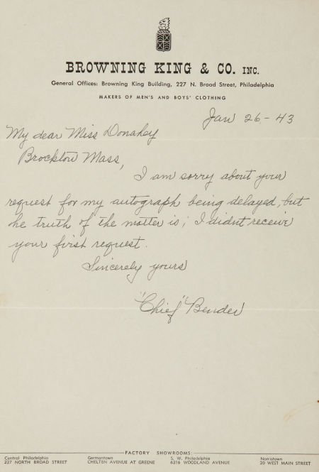 1943 Chief Bender Handwritten Signed Letter.: 1943 Chief Bender Handwritten Signed Letter. A graduate of the same Carlisle Indian Indus