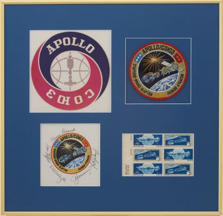 Apollo-Soyuz Test Project Crew-Signed Beta Cloth: Apollo-Soyuz Test Project Crew-Signed Beta Cloth Patch in Framed Display, Originally from the Personal