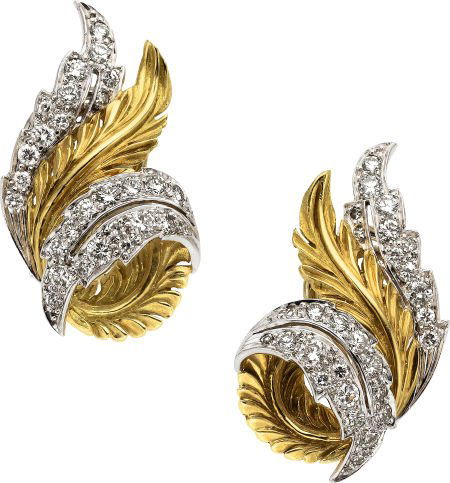 Diamond, Platinum, Gold Earrings, McTeigue: Diamond, Platinum, Gold Earrings, McTeigue Each earring, designed as a leaf, features full