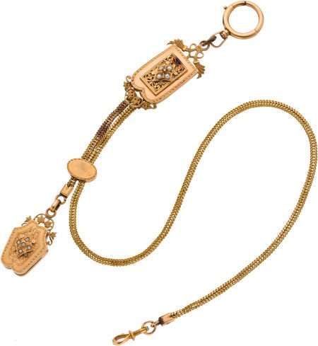 Victorian Gold & Pearl Watch Chain, circa 1870 : Victorian Gold & Pearl Watch Chain, circa 1870 Unique chain with seed pearl ornamented fra