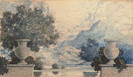 MAXFIELD PARRISH (American, 1870-1966) Landscape: MAXFIELD PARRISH (American, 1870-1966)Landscape and UrnsColored pencil