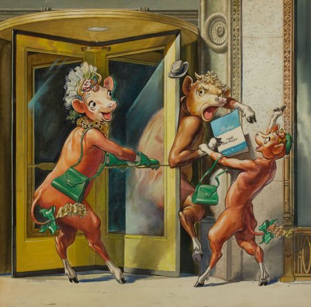 E. V. JOHNSON (American, 20th Century) The revol: E. V. JOHNSON (American, 20th Century) The revolving Door, Borden Company ad illust