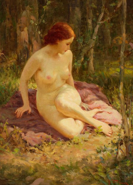 JOSEPH TOMANEK (American, 1889-1974) Nude in a F: JOSEPH TOMANEK (American, 1889-1974)Nude in a ForestOil on canvas1