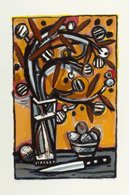 DAVID BATES (American, b. 1952) Apple Blossom, c: DAVID BATES (American, b. 1952)Apple Blossom, circa 1998Mixed media print o