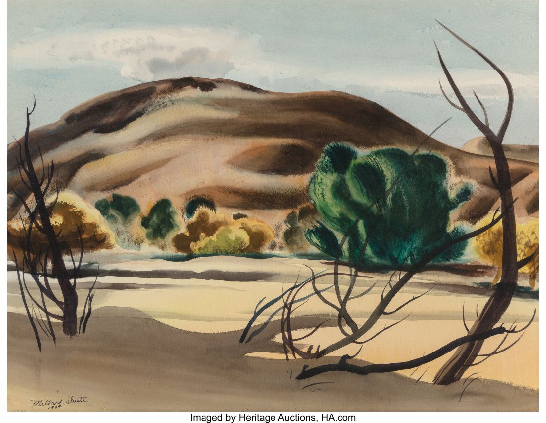 Millard Sheets (American, 1907-1989) California: Millard Sheets (American, 1907-1989) California Dry River Bed, 1934 Watercolor on paper 21-1/2 x 29-1/2 inches (54.6 x 74.9 cm) (sight) Signed and dated lower left: Millard Sheets / 1934 PROVENANCE: [