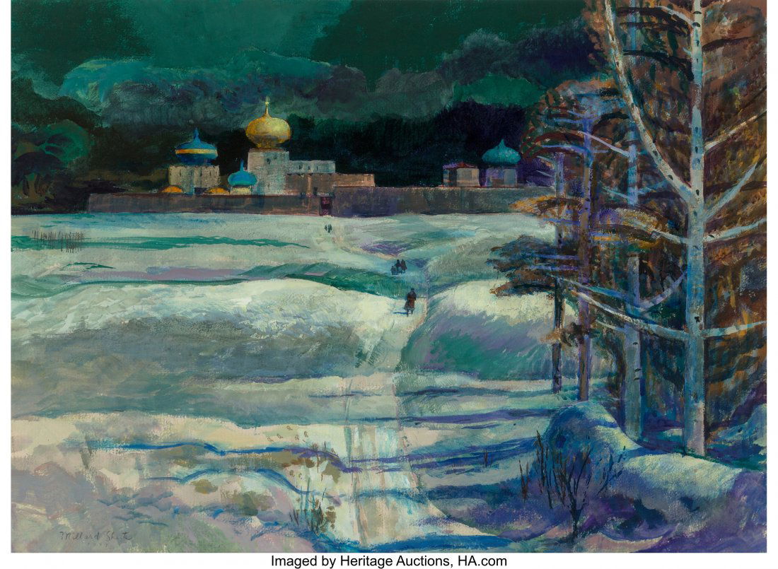 Millard Sheets (American, 1907-1989) Zagorsk, Ru: Millard Sheets (American, 1907-1989) Zagorsk, Russia, 1977 Acrylic on board 26 x 36 inches (66.0 x 91.4 cm) (sight) Signed and dated lower left: Millard Sheets / 1977 PROVENANCE: Kennedy Galleries, In