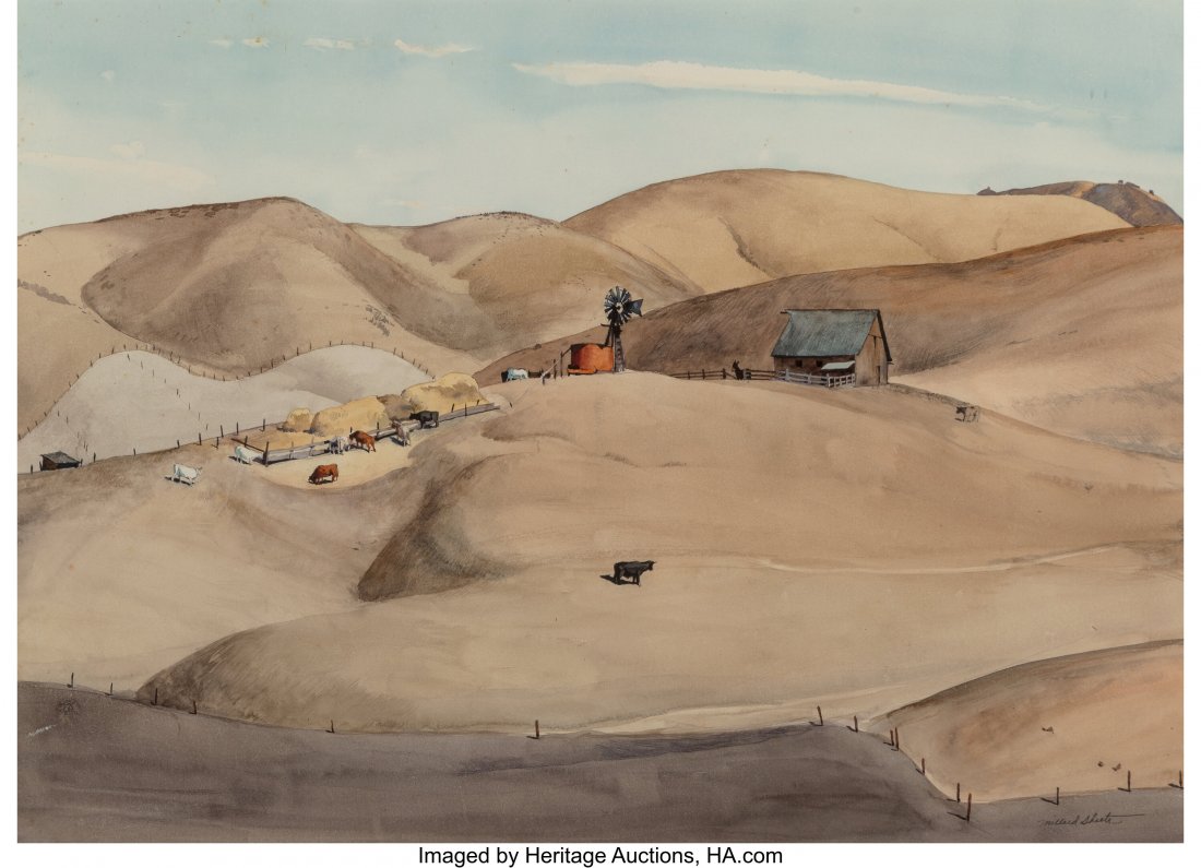 Millard Sheets (American, 1907-1989) Farm Near L: Millard Sheets (American, 1907-1989) Farm Near Lompoc Watercolor on paper 14 x 19 inches (35.6 x 48.3 cm) (sight) Signed lower right: Millard Sheets PROVENANCE: [with]Stary-Sheets Art Gallery, Gualala