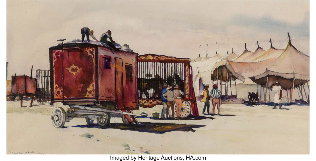 Millard Sheets (American, 1907-1989) Circus Wago: Millard Sheets (American, 1907-1989) Circus Wagons, 1927 Watercolor on paper 10 x 19-3/8 inches (25.4 x 49.2 cm) (sight) Signed and dated lower left: Millard Sheets 1927 PROVENANCE: [with] Stary-Sheet
