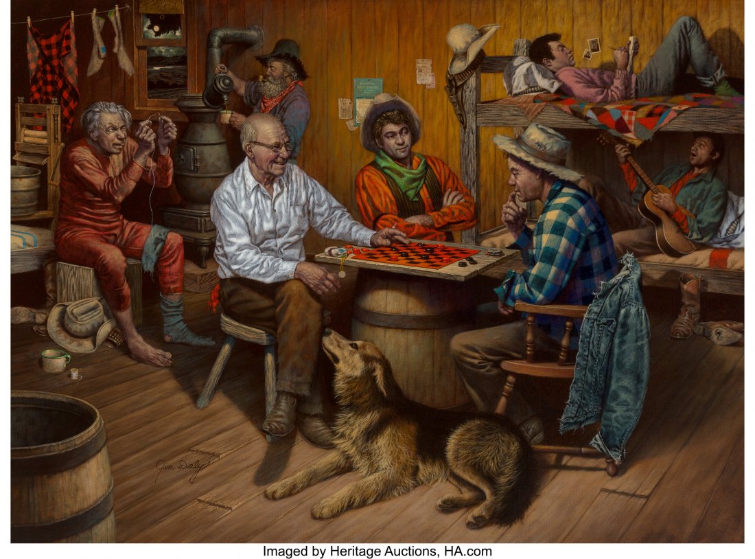 Jim Daly (American, b. 1940) Bunkhouse, 1972 Oil: Jim Daly (American, b. 1940) Bunkhouse, 1972 Oil on canvas 30 x 40 inches (76.2 x 101.6 cm) Signed lower left: Jim Daly Signed and dated on the reverse: Copy Rights reserved / by the Artist / J.D. / F