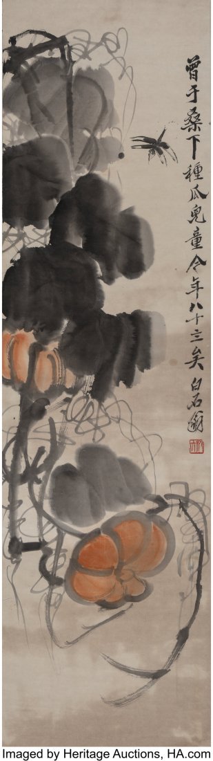 Attributed to Qi Baishi (Chinese, 1864-1957) Unt: Attributed to Qi Baishi (Chinese, 1864-1957) Untitled Ink and color on paper 50 x 15-1/2 inches (127 x 39.4 cm) One red seal HID03101062020 © 2020 Heritage Auctions | All Rights Reserved