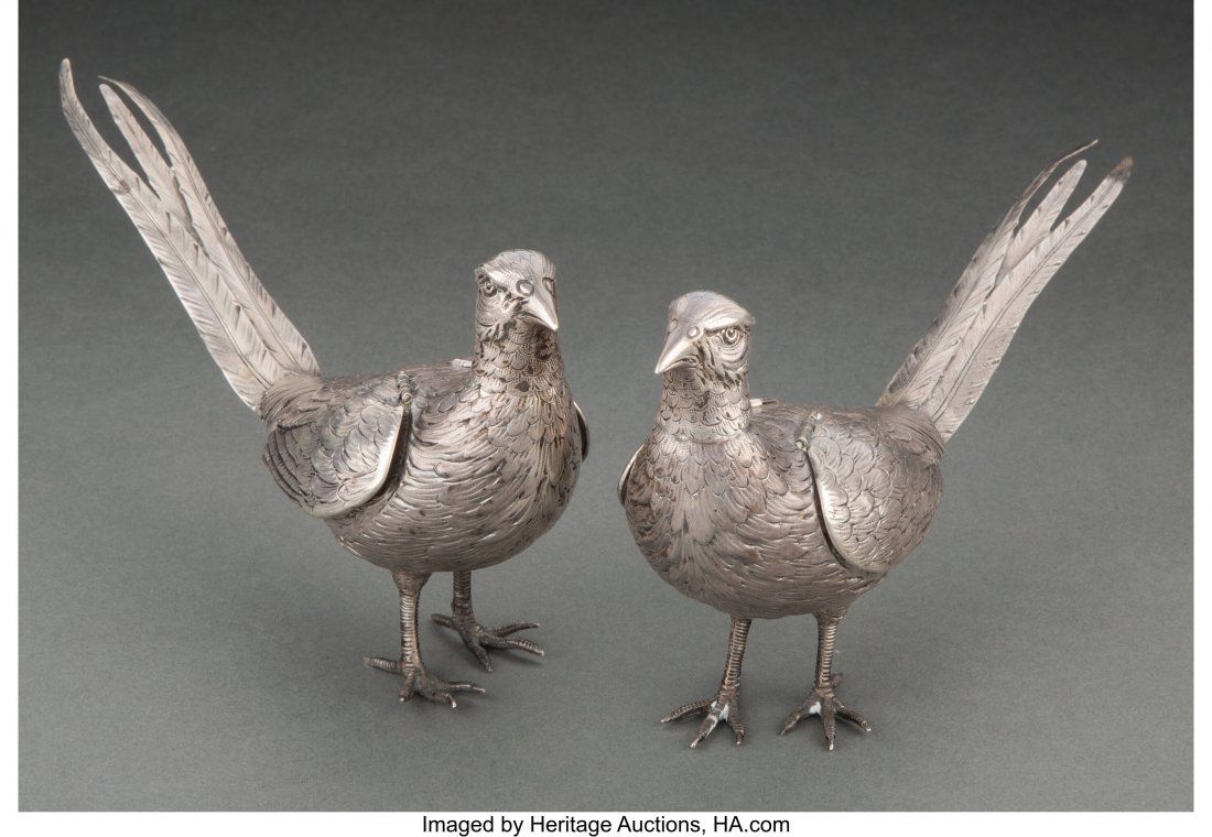 A Pair of German Hanau Silver-Plated Bird Orname: A Pair of German Hanau Silver-Plated Bird Ornaments, Hanau, 20th century Marks: (cross), (heart &dagger), GERMANY 4-1/2 x 9-1/4 x 2-1/2 inches (11.4 x 23.5 x 6.4 cm) HID03101062020 © 2020 Her