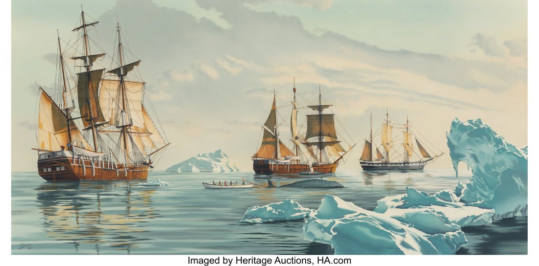 George T. Brown (American, 20th Century) Antarct: George T. Brown (American, 20th Century) Antarctic Whaling, 1982 Oil on canvas 24 x 48 inches (61.0 x 121.9 cm) Signed, dated, and inscribed lower left: GTBrown / VIII / 1982 PROVENANCE: Private estat