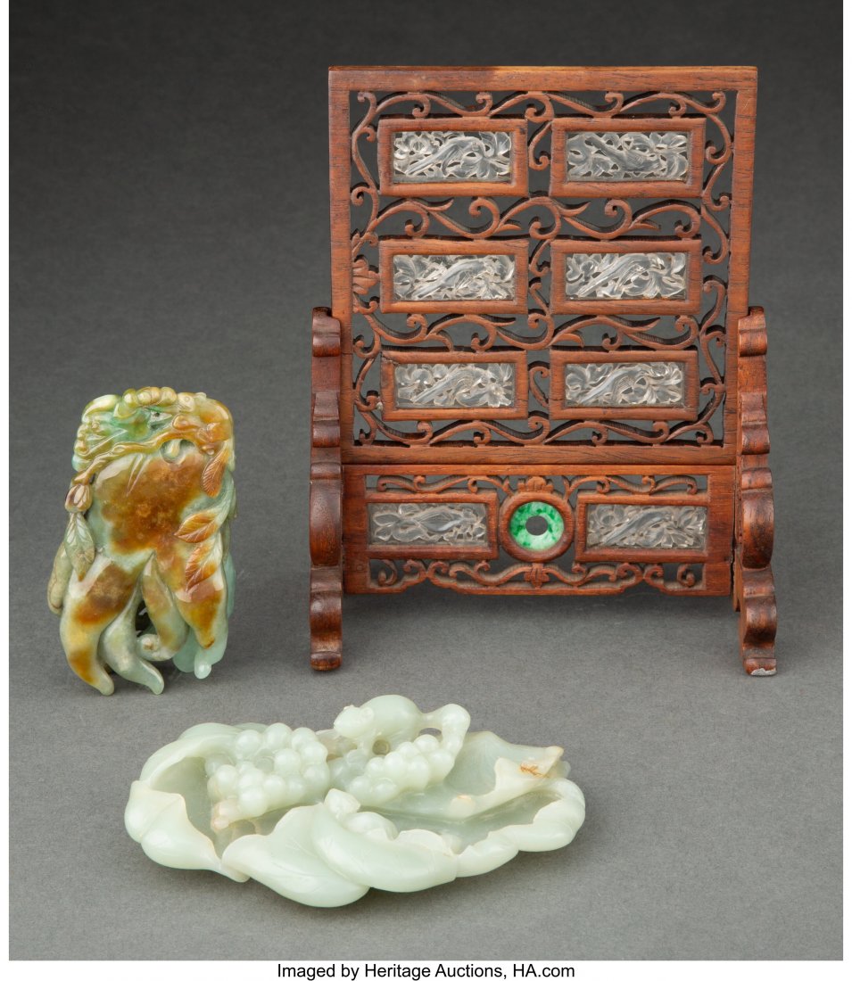 A Group with a Chinese Carved Wood Table Screen : A Group with a Chinese Carved Wood Table Screen with Carved Glass and Jadeite, and Two Celadon Jade Carvings 6-1/4 x 5 x 2-1/2 inches (15.9 x 12.7 x 6.4 cm)(screen) HID03101062020 © 2020 Heritage