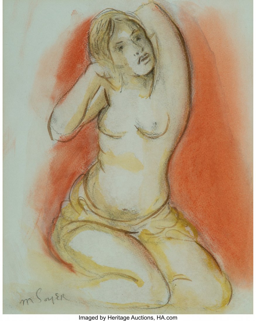 Moses Soyer (American, 1899-1974) Nude Model Str: Moses Soyer (American, 1899-1974) Nude Model Stretching Charcoal, conte, and watercolor on paper 9-1/2 x 7-1/2 inches (24.1 x 19.1 cm) (sight) Signed lower left: M Soyer PROVENANCE: Collection of Loui