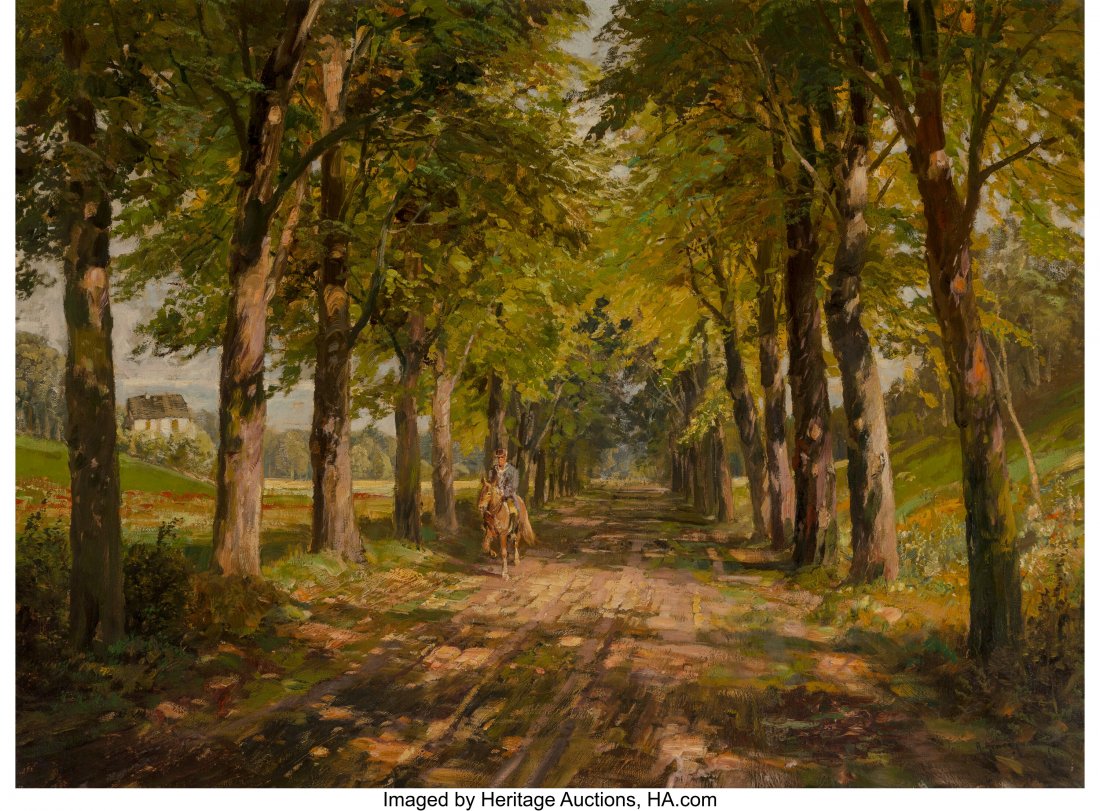 Alois Arnegger (Austrian, 1879-1963) Riding on a: Alois Arnegger (Austrian, 1879-1963) Riding on a Country Lane Oil on canvas 28-3/4 x 39 inches (73.0 x 99.1 cm); sight Signed and indistinctly dated lower right: A Arnegger / 18[..] PROVENANCE: Privat