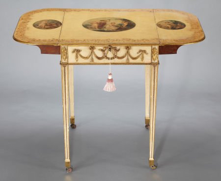 A GEORGE III PAINTED, CARVED AND GILT PEMBROKE T: A GEORGE III PAINTED, CARVED AND GILT PEMBROKE TABLE Attributed to George Brookshaw,