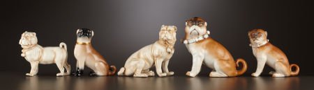 FIVE CONTINENTAL PORCELAIN FIGURES OF PUG DOGS : FIVE CONTINENTAL PORCELAIN FIGURES OF PUG DOGS European, probably Germany, circa 1900