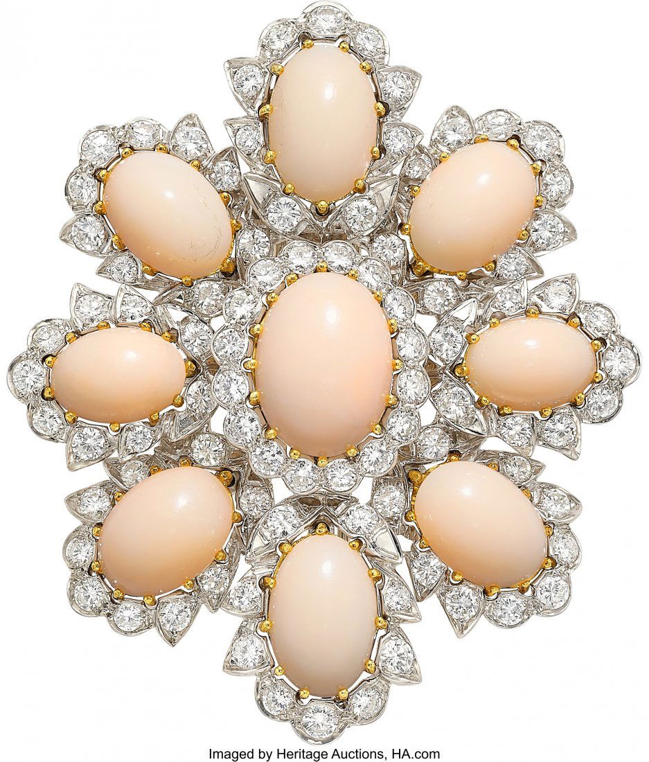 Coral, Diamond, Gold Brooch  Stones: Coral cabochons; (1 of 2)