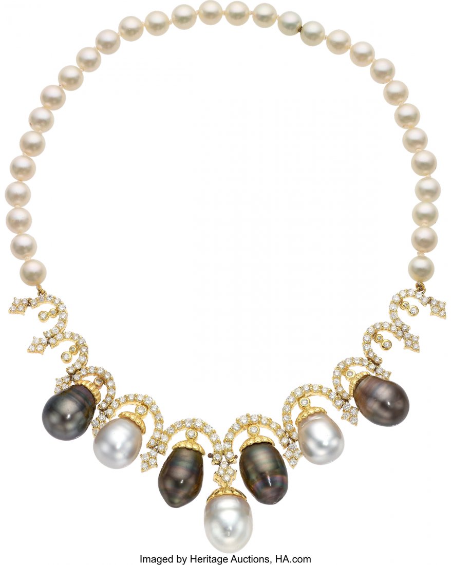 South Sea Cultured Pearl, Diamond, Cultured Pearl, Gold: South Sea Cultured Pearl, Diamond, Cultured Pearl, Gold Necklace Stones: Full-cut diamonds weighing a total of approximately 5.00 carats Pearls: Baroque black and white South Sea cultured pearls measu