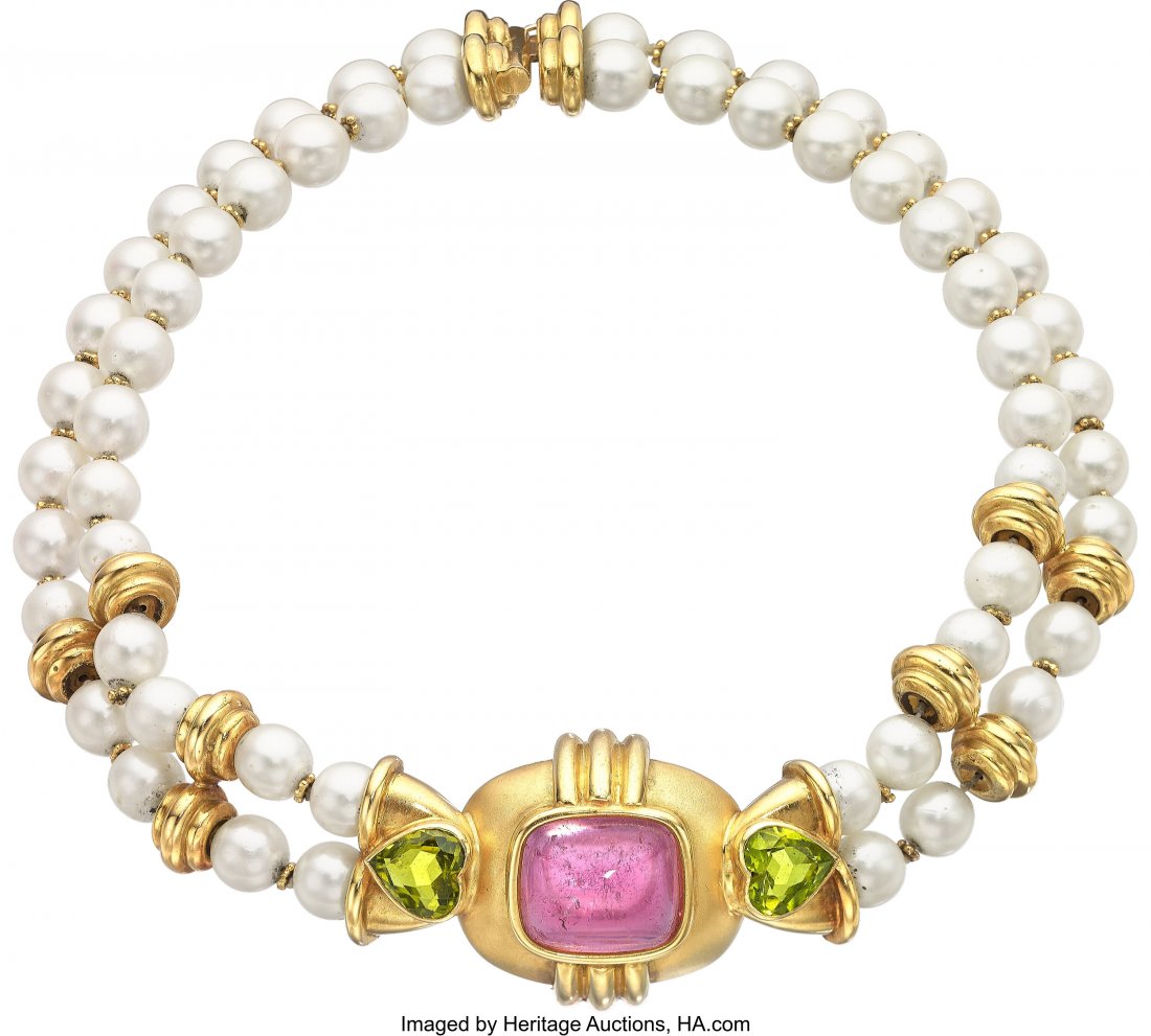 Pink Tourmaline, Peridot, Cultured Pearl, Gold Necklace (1 of 1)